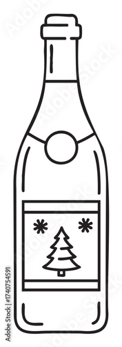 Black outline drawing of a wine bottle with a christmas tree label and simple decorative elements, conveying a festive theme.