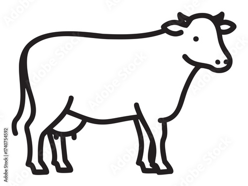 Black outline of a simple cow with a smiling face, minimalistic design with horns and visible udder, suitable for farm and agriculture themes.
