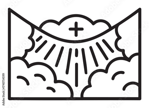 Black outline icon of rays of light and a cross emerging from clouds, symbolizing religious faith and spirituality.