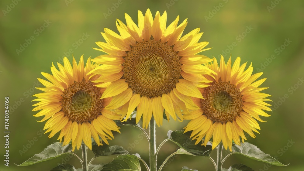 Obraz premium Vibrant trio of sunflowers bathed in warm sunlight, showcasing bright yellow petals and intricate seed heads against a soft green backdrop, perfect for summer themes.