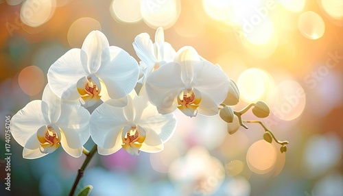 Macro Shot of White Moth Orchid Blooms with Golden Bokeh Backdrops
