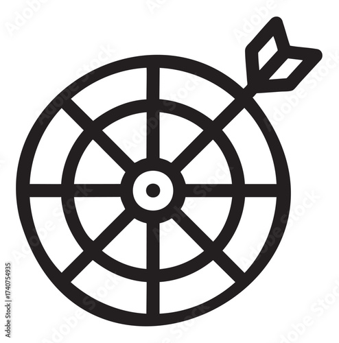 Black outline vector depicting a dartboard with an arrow hitting the bullseye, symbolizing precision and success.