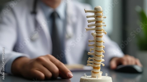 Doctor pointing at human spine model in clinic for medical education and patient care