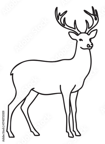 Black outline illustration of a standing deer with prominent antlers, depicted in a minimalistic linear style.