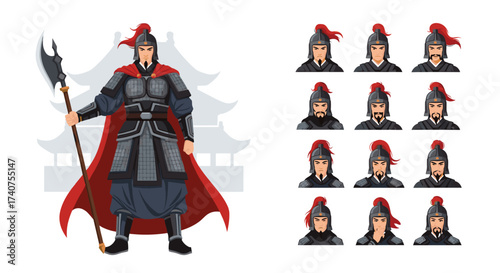 A historical warrior in traditional armor holding a weapon with several portrait variations.