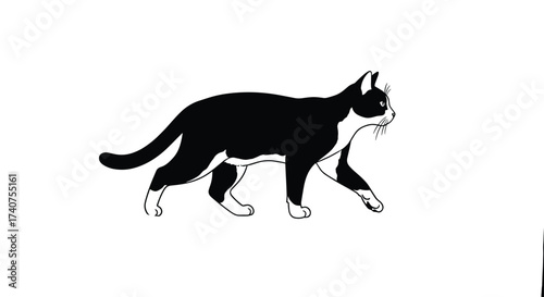 A black and white cat walks gracefully across a plain background.