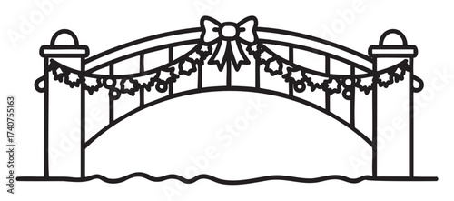 Black outline drawing of an arched bridge decorated with garlands and a bow. simple linear design for festive and architectural themes.