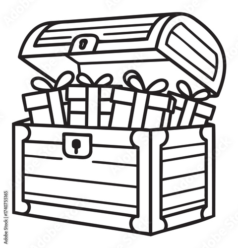 Black outline drawing of an open treasure chest filled with numerous gift boxes adorned with ribbons, suggesting themes of surprise and abundance.