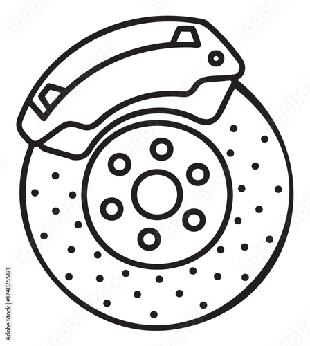 Black outline drawing of a car brake disc and caliper, showing intricate details of the perforated surface and mounting holes.