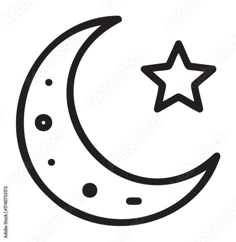 Black outline icon of a simple crescent moon with a nearby star, featuring minimalistic design and circular details.