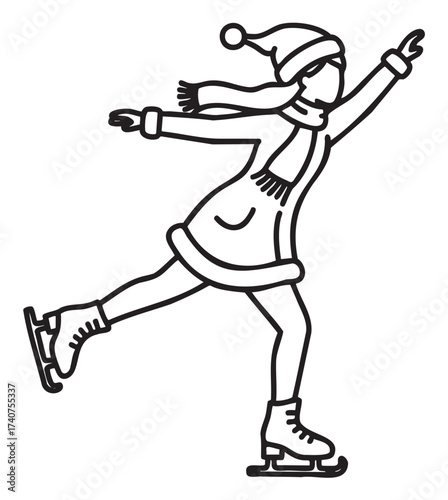 Black outline illustration of a female figure ice skating gracefully with arms outstretched, wearing winter clothing including a hat, coat, scarf, and gloves.