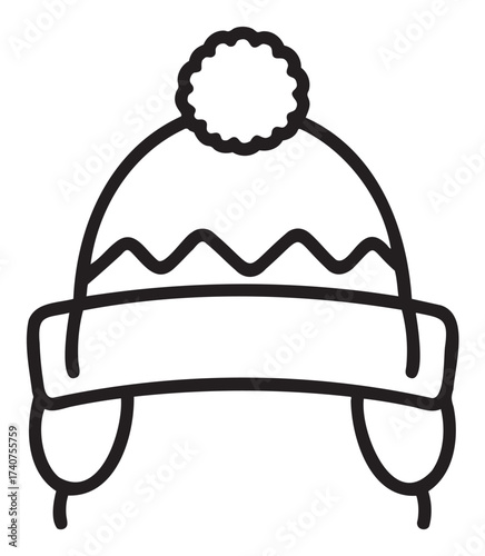 Black outline icon of a winter beanie hat with earflaps and a pom-pom on top, featuring a zigzag pattern.