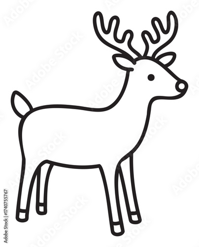 Black outline drawing of a simple deer with prominent antlers, showcasing minimalistic design and clear lines.