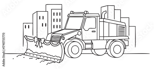 Black outline drawing of a snow plow truck with a decorated front in a cityscape setting.