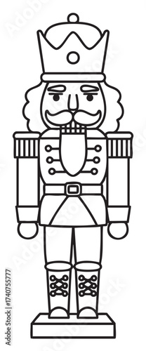 Black outline drawing of a traditional nutcracker figure standing upright, featuring a hat, uniform, and mustache for holiday decoration themes.