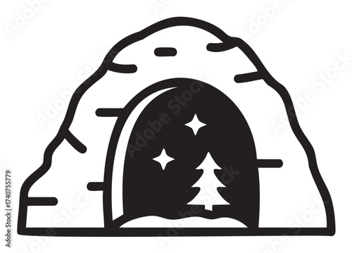 Black outline icon of a mountain cave entrance with a tree and star shapes inside, symbolizing nature exploration.