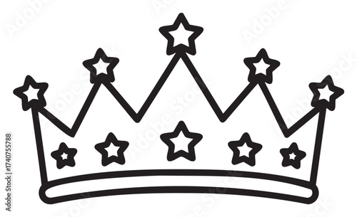 Black outline vector icon of a star-adorned crown with triangular points, each topped with a star. ideal for royalty, achievement, or luxury themes.