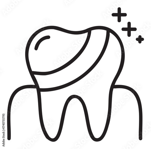 Simple black outline of a clean tooth with sparkling accents, emphasizing dental health and hygiene.