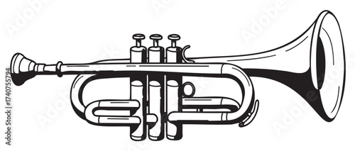 Black and white line drawing of a classic trumpet with detailed valves and a flared bell, ideal for music and band-related concepts.