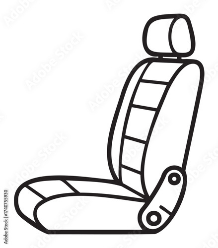 Black and white outline of a car seat with visible cushioning details and an adjustable headrest.