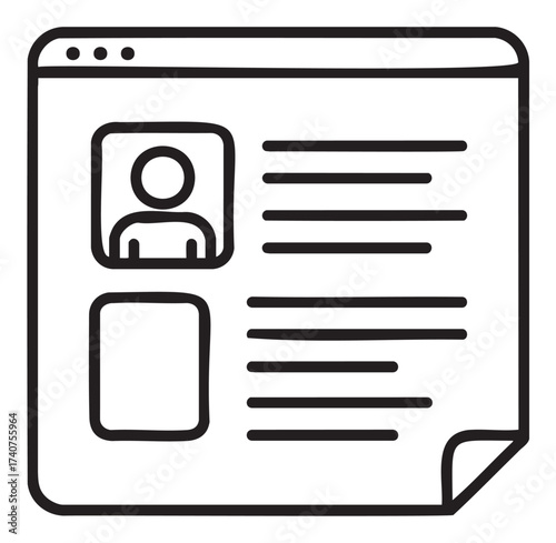 Black outline vector icon displaying a user profile page with a profile picture and textual information in a web browser window.