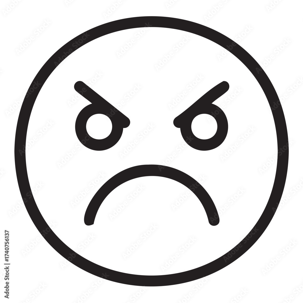 Fototapeta premium Black outline of an angry face emoticon with furrowed brows and frowning mouth expressing displeasure or frustration.