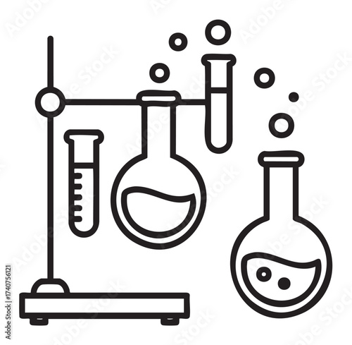 Black outline icon depicting a chemical laboratory setup with test tubes and flasks on a stand.