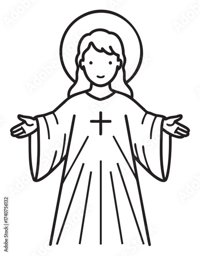 Black outline vector icon of a religious figure in flowing robes with outstretched arms and a large halo.