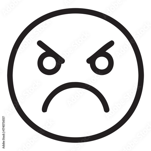 Black outline of an angry face emoticon with furrowed brows and frowning mouth expressing displeasure or frustration.