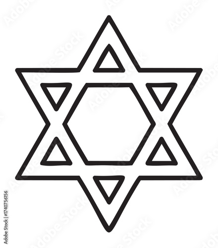 Black outline vector icon of the star of david with a hexagon at the center, featuring intersecting triangles in a minimalist design.
