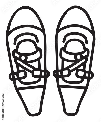 Black outline vector icon of two simplistic snowshoe designs with a minimalistic and modern style, featuring straps and bindings.
