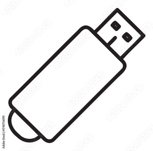 Simple black outline of a usb flash drive with a removable cap, depicted in minimal linear style for digital, technology, and data storage concepts.