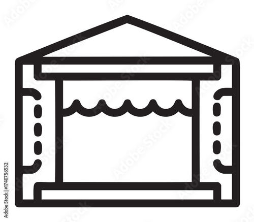 Black outline icon of an outdoor stage with a triangular roof and a wavy curtain, representing theater or performance concepts.