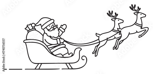 Black outline drawing of santa claus waving and riding in a sleigh pulled by two reindeer, with a sack of gifts in the back.