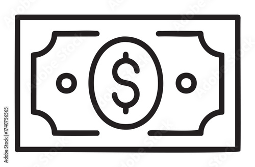Black outline icon of a rectangular dollar bill featuring a central dollar sign symbol. minimal design for financial concepts.