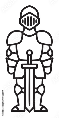 Black outline vector icon of a medieval knight in full armor with a sword. minimal linear illustration representing chivalry and historical warfare.