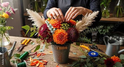 Florist arranging a bouquet of dahlias and pampas grass