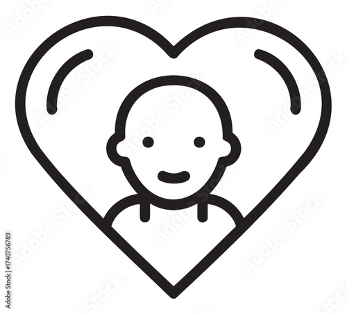 Black outline vector icon of a smiling baby inside a heart shape, symbolizing love and care for children.