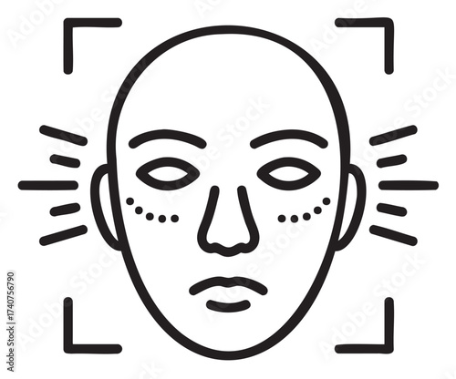 Black outline vector icon of a stylized human face with dotted details, surrounded by focus lines on each side, suggesting highlighting or selection.