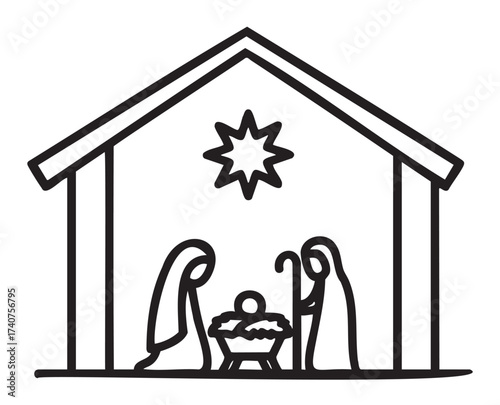 Black outline icon of a simple nativity scene with mary, joseph, and baby jesus under a roof with a star above.