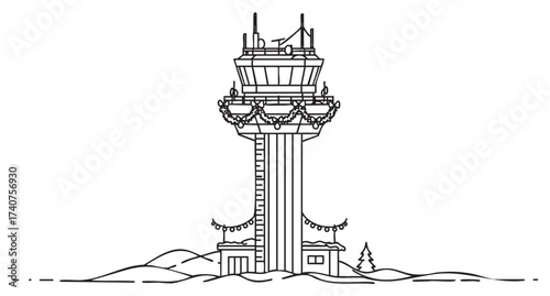 Black outline vector of an airport control tower adorned with festive string lights, set against a wintry landscape with a small cabin and tree nearby.