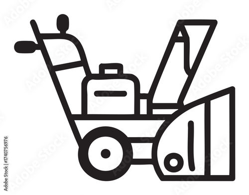 Black outline icon of a snow blower machine with a visible handle, wheels, and snow chute in a side view.