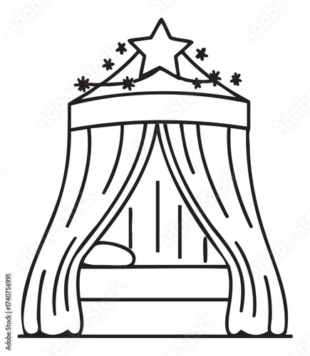 Black outline vector icon of a cozy bed with a star-shaped canopy adorned with curtains, evoking a sense of whimsy and relaxation.