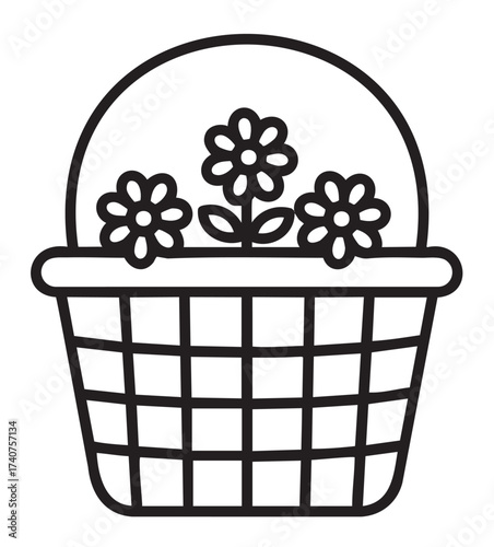 Black outline icon of a basket containing three flowers with circular petals and leaves. simple linear design for floral and gardening themes.