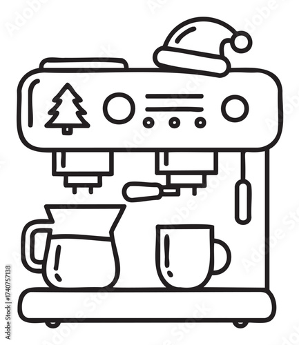 Minimalistic black outline drawing of a festive coffee machine adorned with a santa hat and a christmas tree, featuring a coffee pot and a mug.