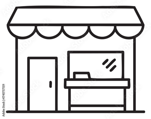 Black outline icon of a simple storefront with an awning, featuring a door and a display window with a counter.