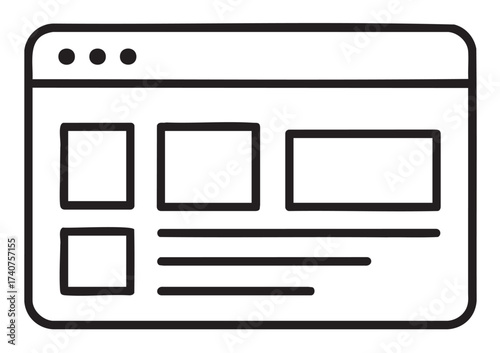 Black outline vector icon depicting a simple rectangle drawn to represent a web browser window with clearly defined tabs and interface elements.