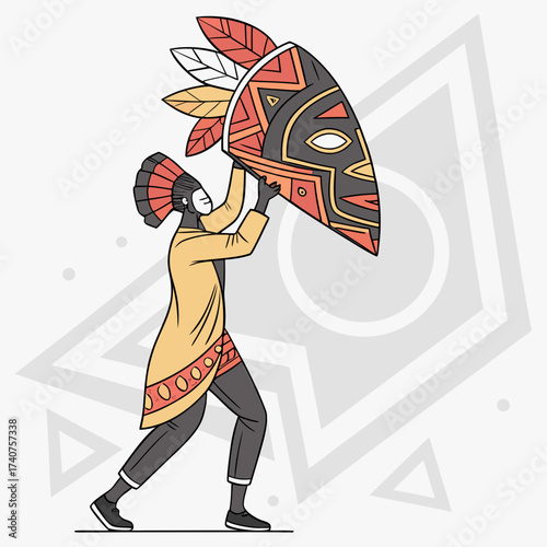 Person in traditional attire holding a colorful tribal mask with feathers on head against a geometric background