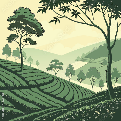 Rolling green tea plantations stretch across rolling hills under a soft yellow sky with scattered clouds and trees