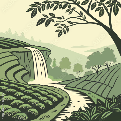 Lush green tea plantation terraces cascade down hillsides with a majestic waterfall and winding river flowing through the serene landscape